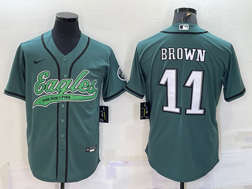 Men's Philadelphia Eagles #11 A. J. Brown Green With Patch Cool Base Stitched Baseball Jersey